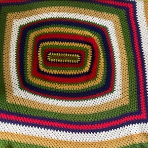 Vintage Handmade Crocheted Multicolor Throw Green Gold Red Navy Granny Core